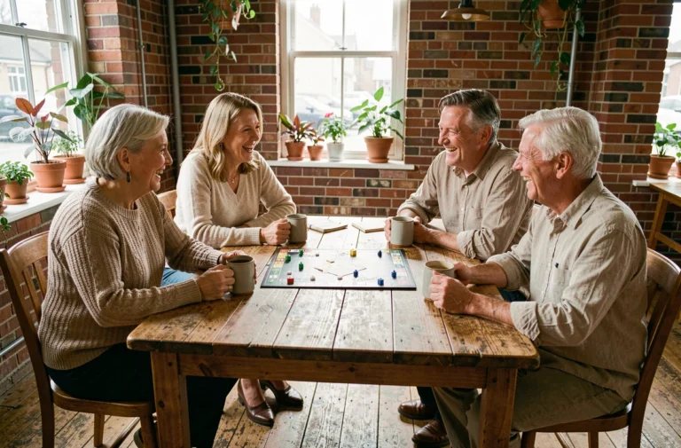 Groupe d'amis de plus de 50 ans jouant à un jeu de société ensemble dans un espace communautaire chaleureux