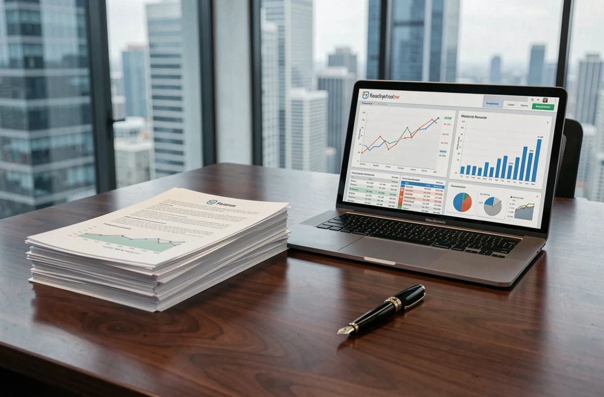 Documents financiers et graphiques de revenus sur un bureau luxueux représentant l'analyse de la fortune de GMK en 2026