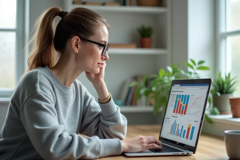 Femme analysant un tableau de suivi de position de mots clés SEO sur un ordinateur portable dans un bureau à domicile