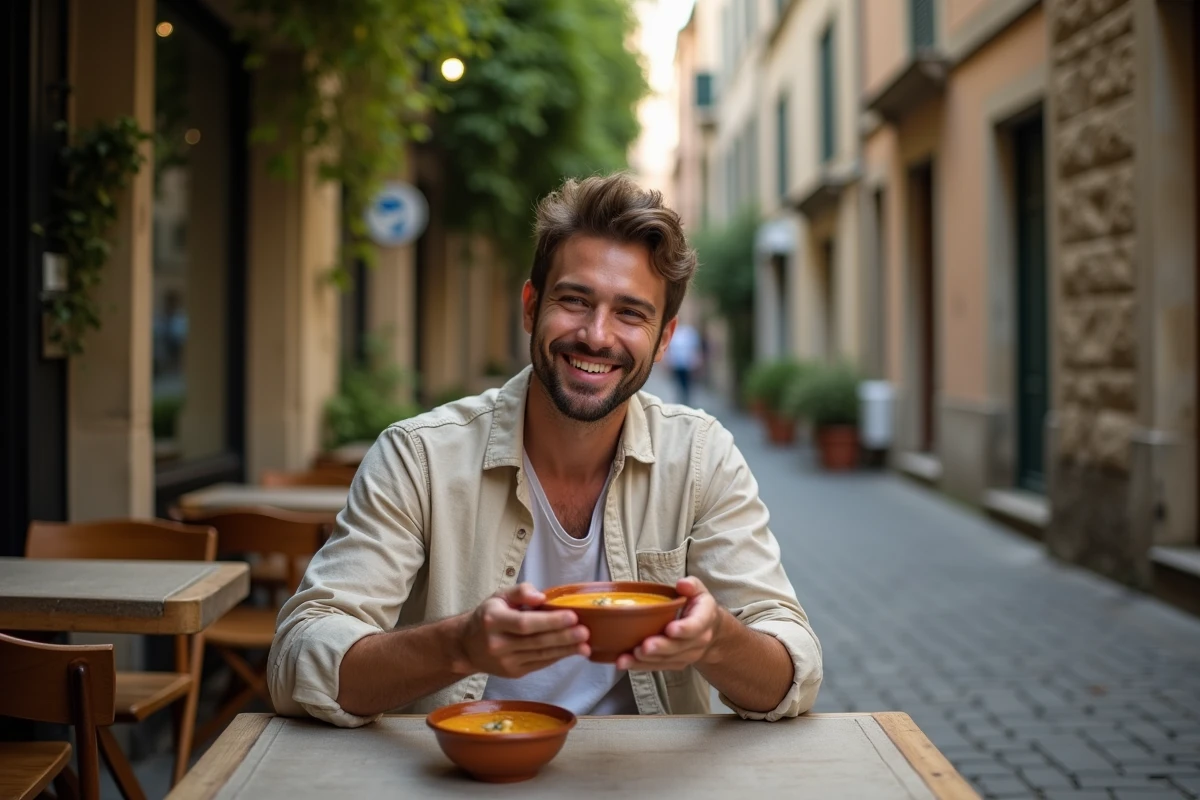 Homme savourant une soupe à l'oignon dans un bistrot en plein air sur une ruelle pavée de Lyon