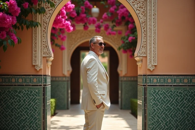 Homme élégant en costume de lin devant l'entrée majestueuse de l'hôtel La Mamounia à Marrakech