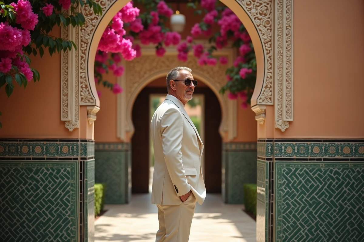 Homme élégant en costume de lin devant l'entrée majestueuse de l'hôtel La Mamounia à Marrakech