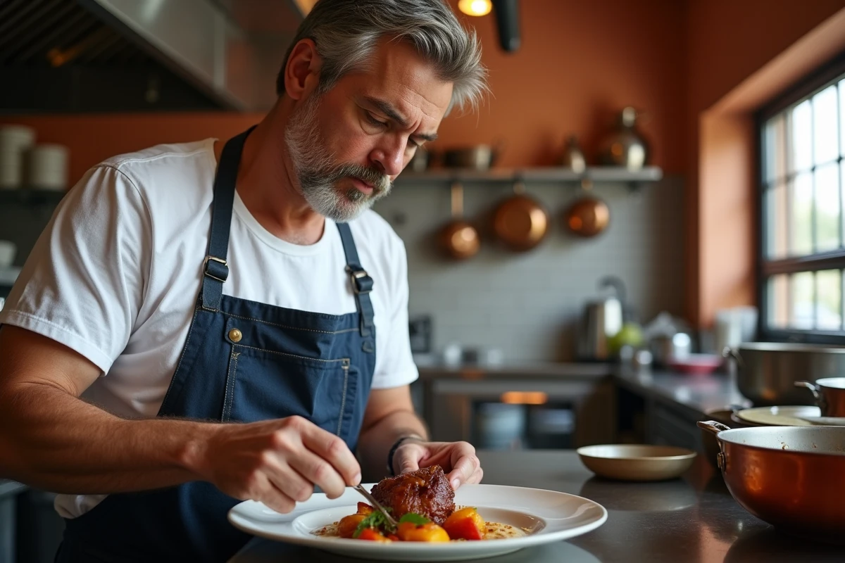Chef cuisinier dressant un confit de canard dans la cuisine ouverte d'un restaurant gastronomique bordelais