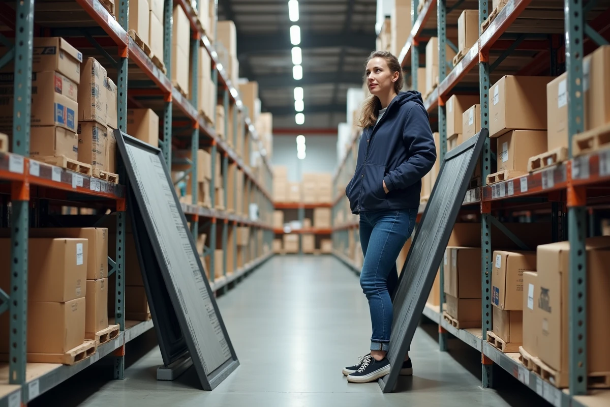Femme comparant deux rampes de chargement pliables dans le rayon outillage d'un magasin de bricolage