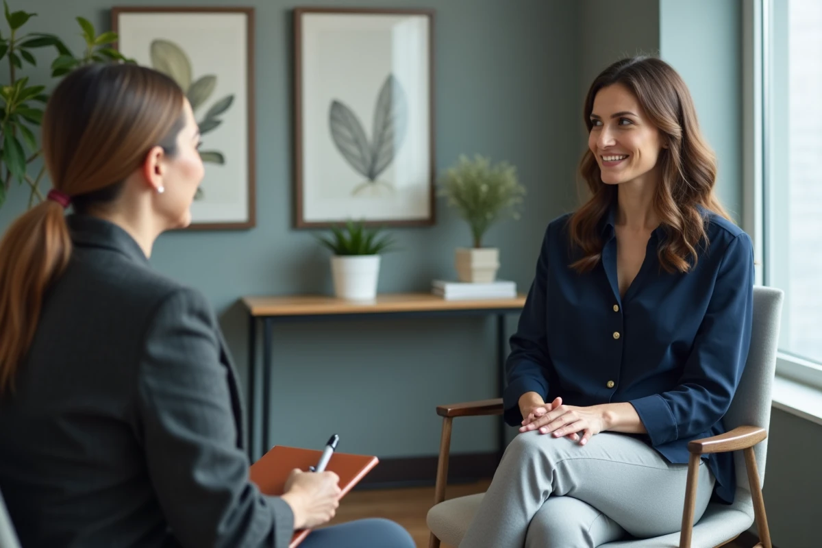 Femme consultant une professionnelle du bien-être familial dans un bureau calme et contemporain, échange bienveillant et attentif