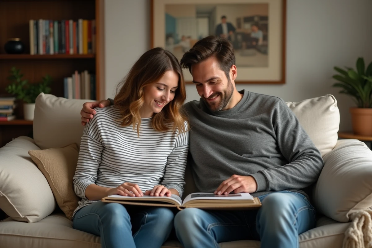 Couple regardant un album photo souvenir ensemble dans un salon chaleureux et intimiste, expression de complicité et nostalgie