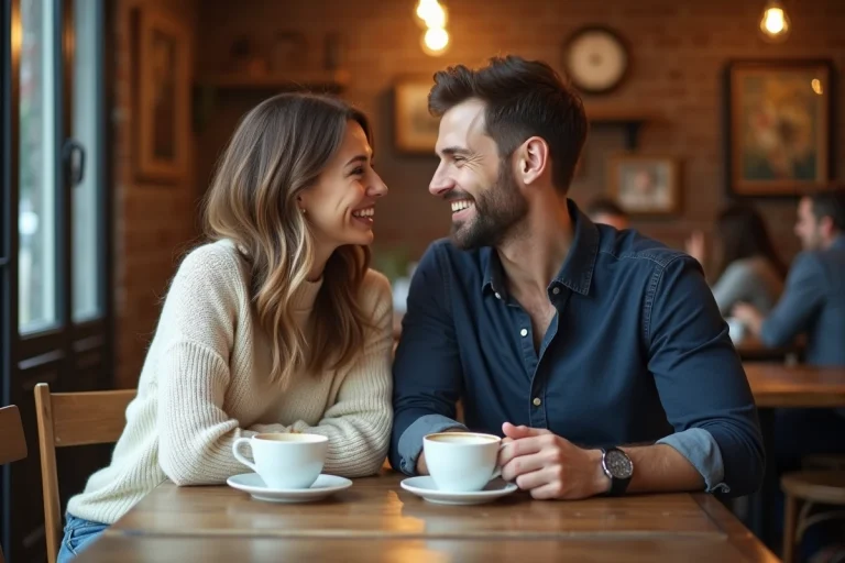 Couple complice partageant un café dans un bistrot parisien chaleureux, regard amoureux et sourires naturels