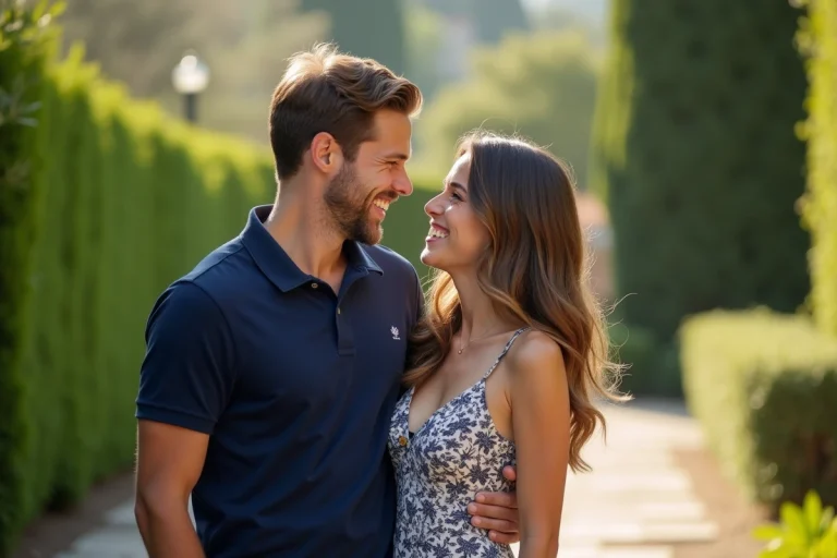 Couple élégant partageant un moment complice dans un jardin méditerranéen ensoleillé