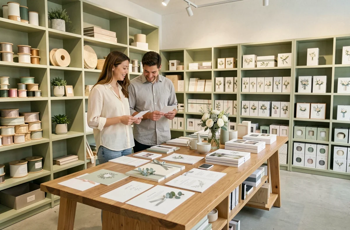 Couple découvrant des articles de décoration de mariage dans une boutique spécialisée moderne