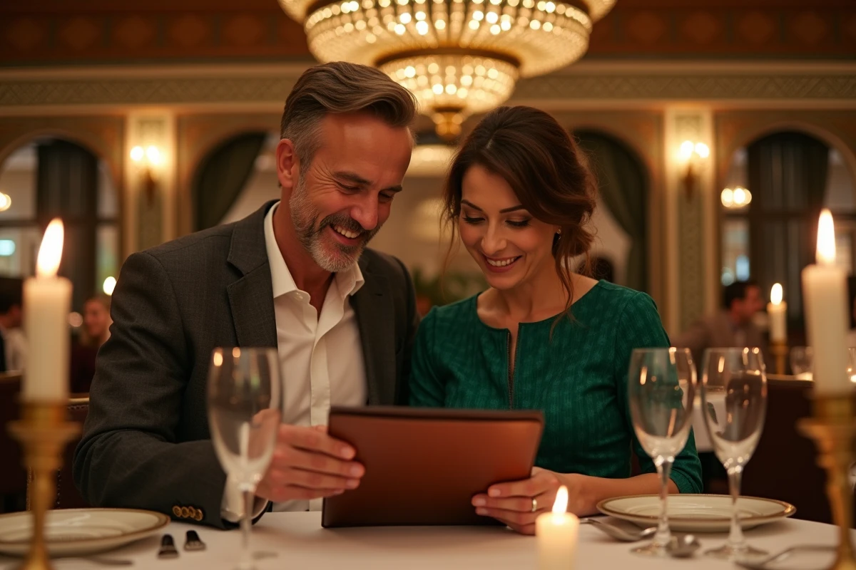 Couple élégant dînant dans la somptueuse salle de restaurant de La Mamounia avec son plafond en bois de cèdre sculpté