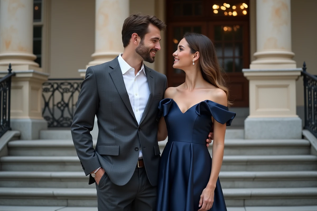 Couple élégant devant une architecture classique lors d'un événement mondain