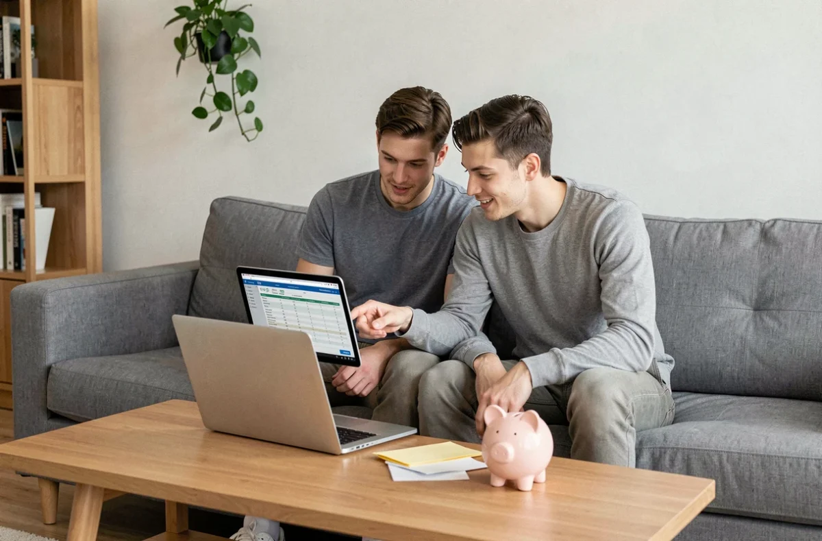 Couple planifiant leur budget mensuel ensemble sur un ordinateur portable dans un salon moderne