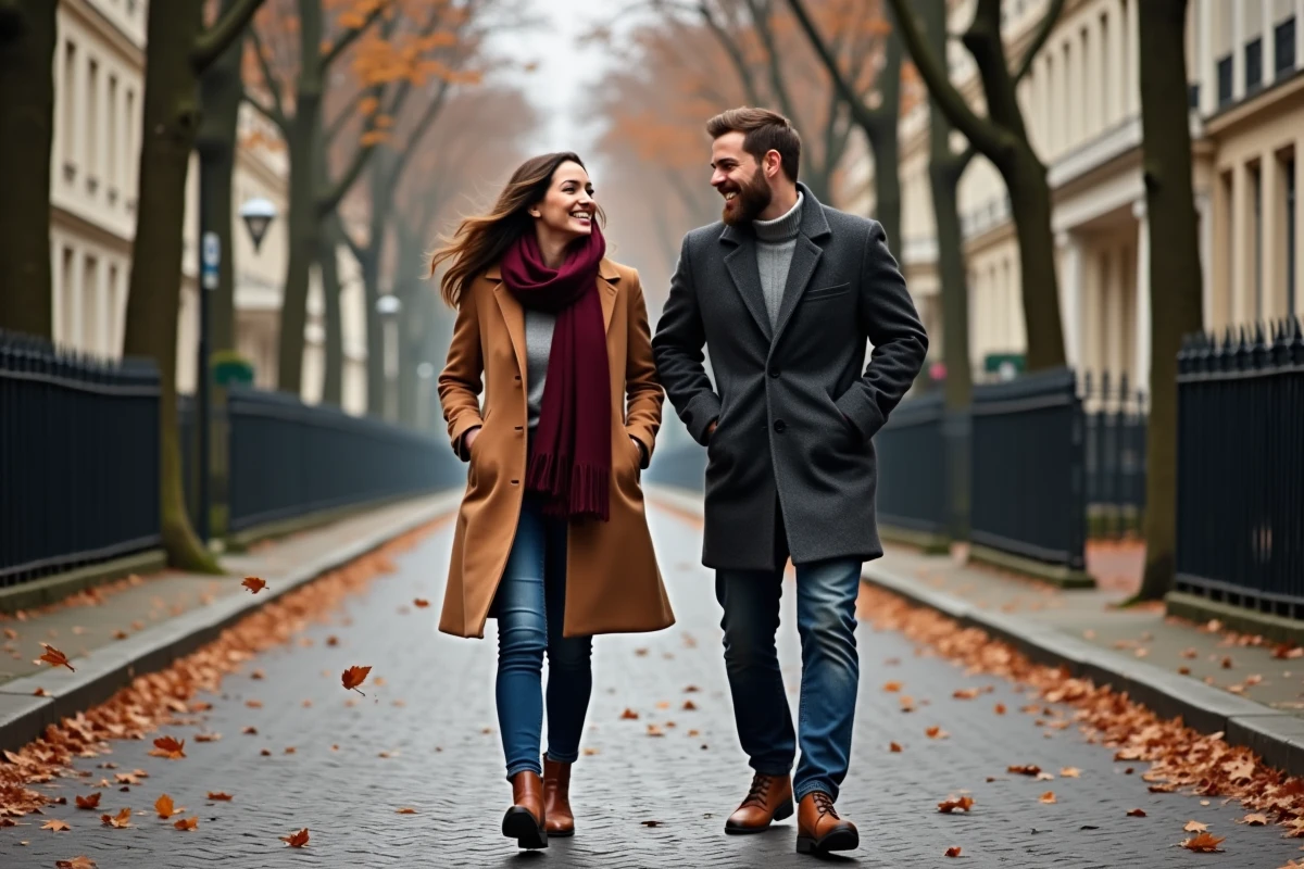 Couple se promenant dans une rue pavée parisienne en automne, riant ensemble sous les arbres aux feuilles dorées