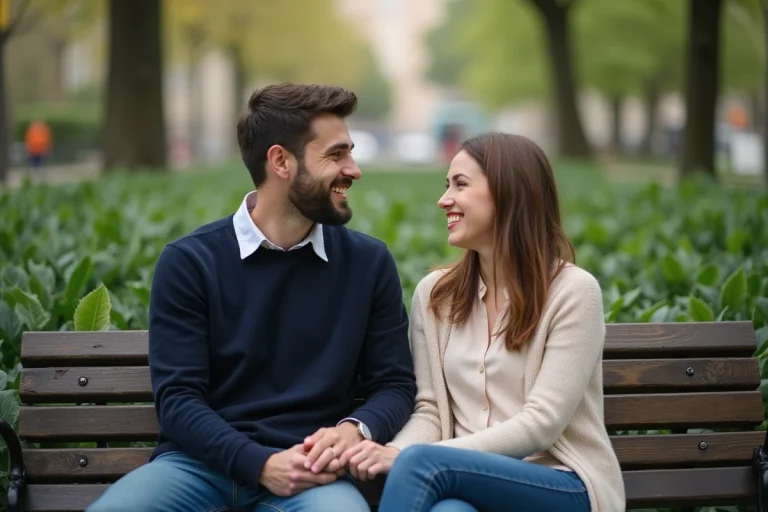 Couple souriant assis sur un banc dans un parc urbain