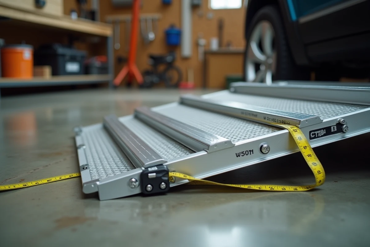 Gros plan sur le mécanisme de charnière et les inscriptions de capacité de charge d'une rampe de chargement en aluminium
