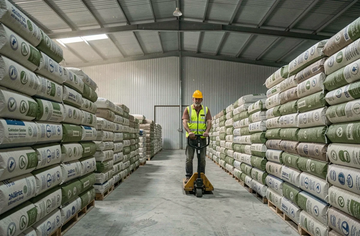 Entrepôt de stockage de granulés de bois en vrac avec un employé et des palettes de sacs certifiés