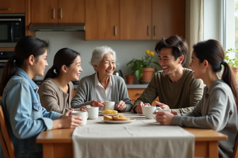 Famille multigénérationnelle réunie autour d'une table en bois, partageant un moment de discussion bienveillante autour du bien-être familial