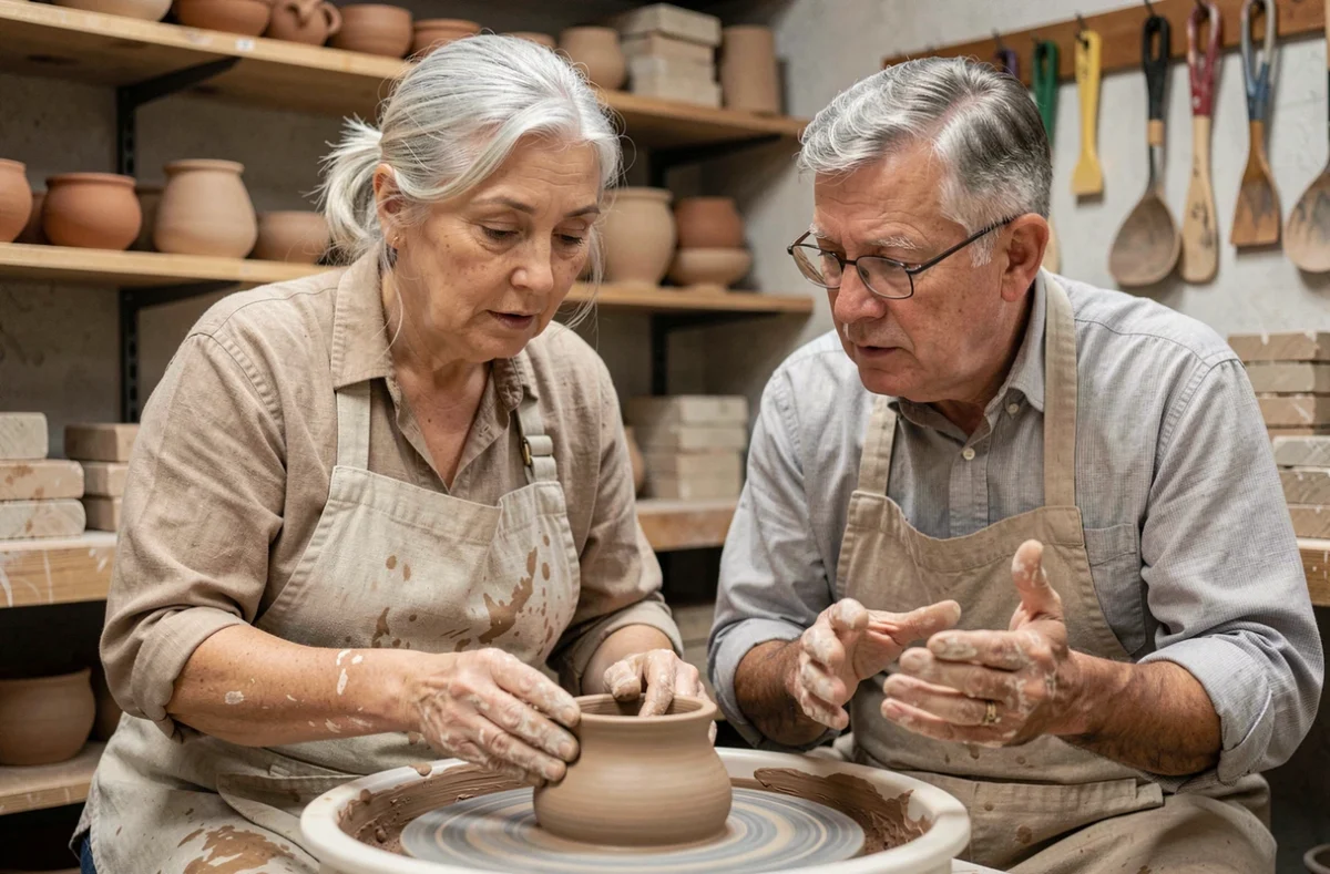Femme de plus de 50 ans apprenant la poterie avec un ami dans un atelier artisanal urbain