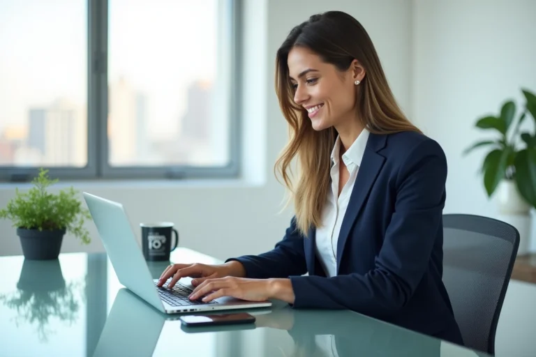 Femme professionnelle au bureau avec ordinateur portable
