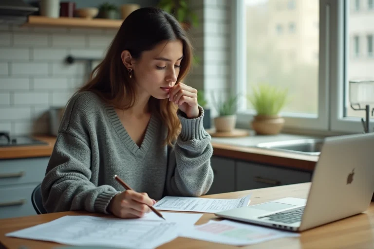 Jeune femme calculant son budget loyer sur salaire à la table de sa cuisine avec des documents et un ordinateur portable
