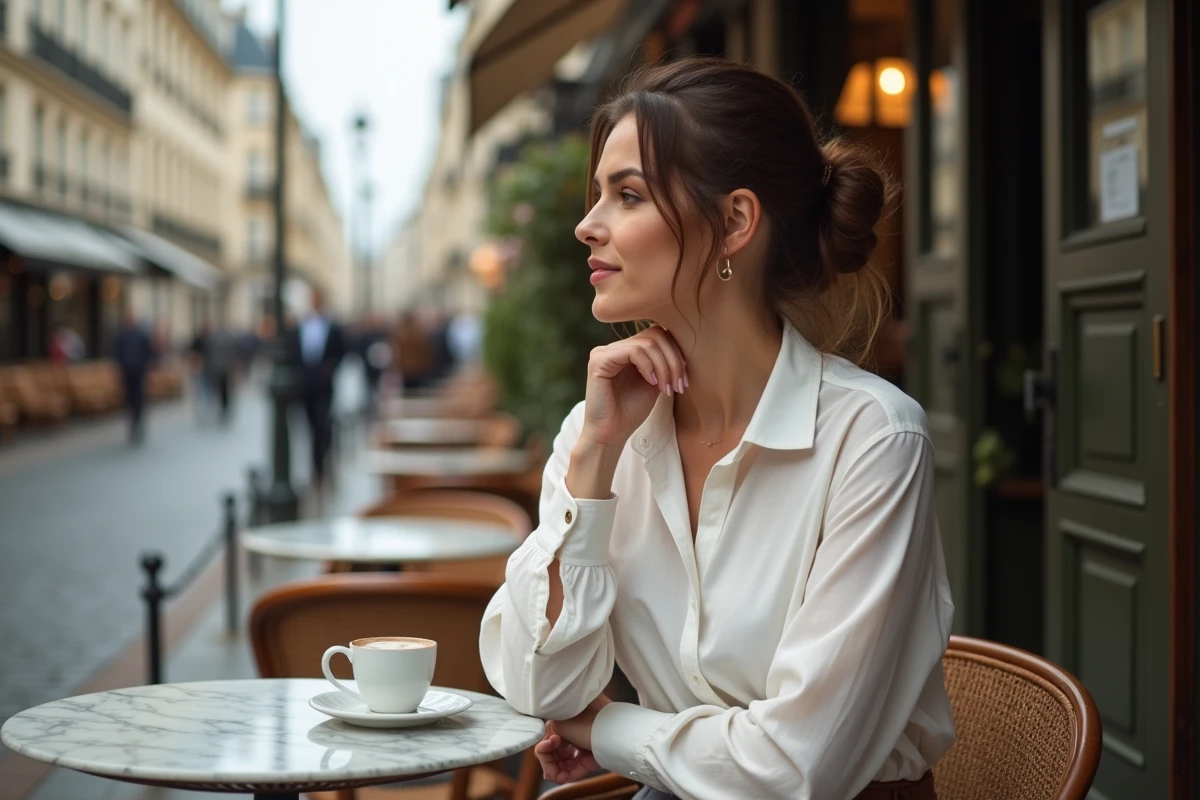 Femme élégante attablée en terrasse de café parisien avec une expression sereine
