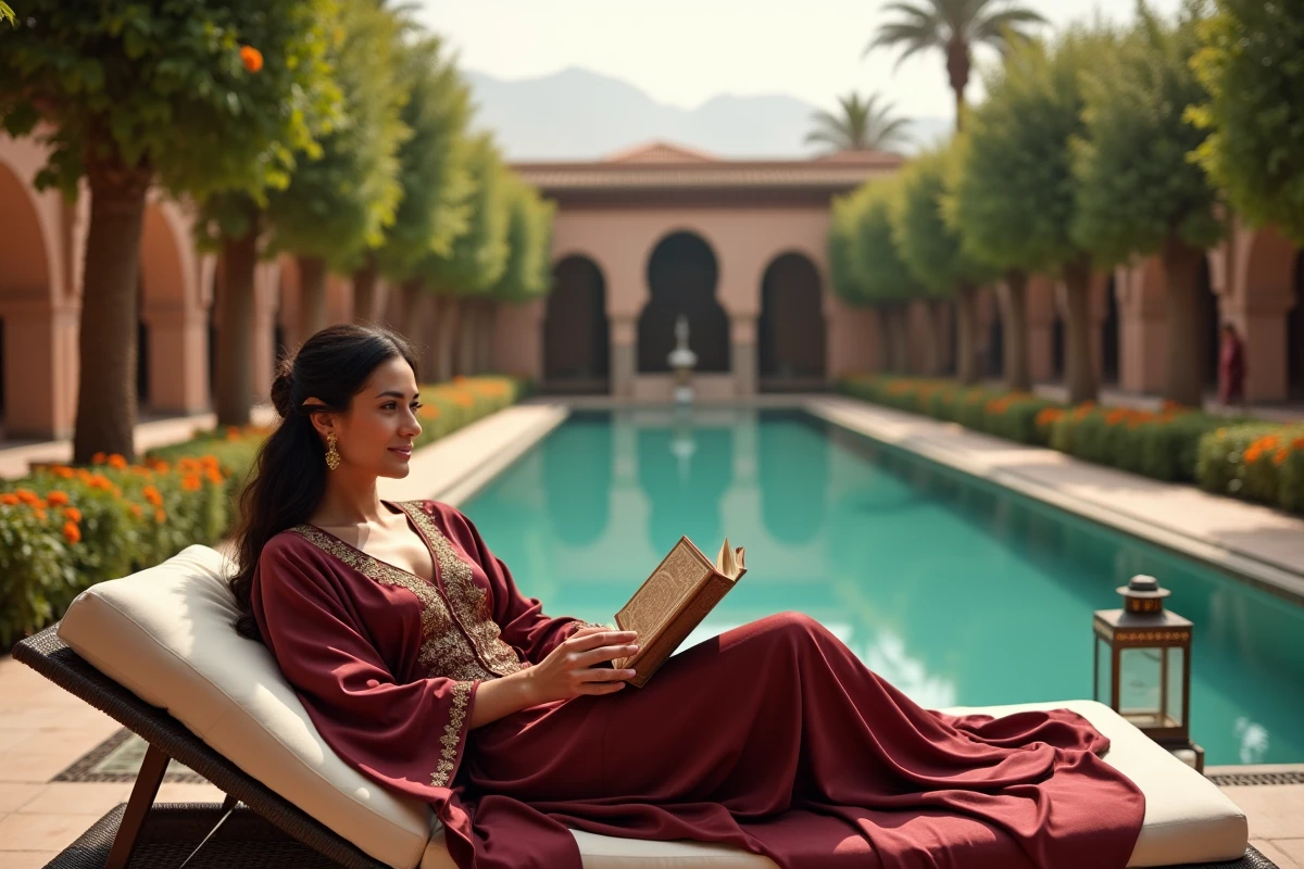 Femme en kaftan de soie au bord de la piscine emblématique de La Mamounia entourée d'orangers en fleurs
