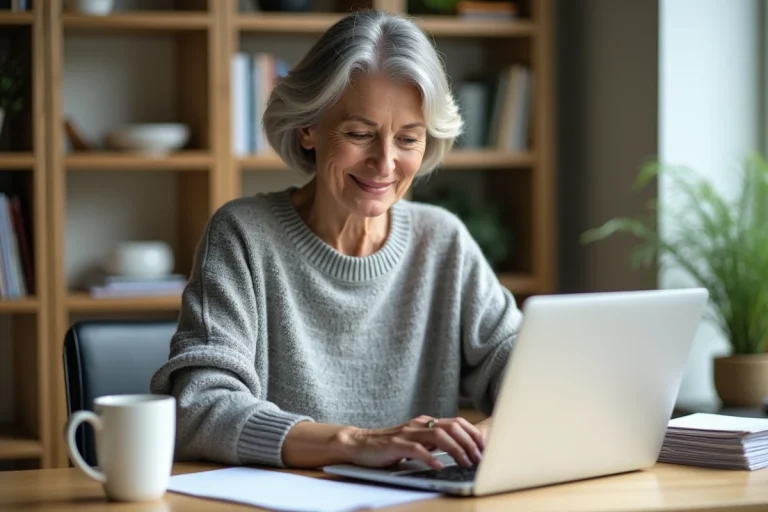 Femme utilisant un générateur de courriers administratifs en ligne depuis son bureau à domicile