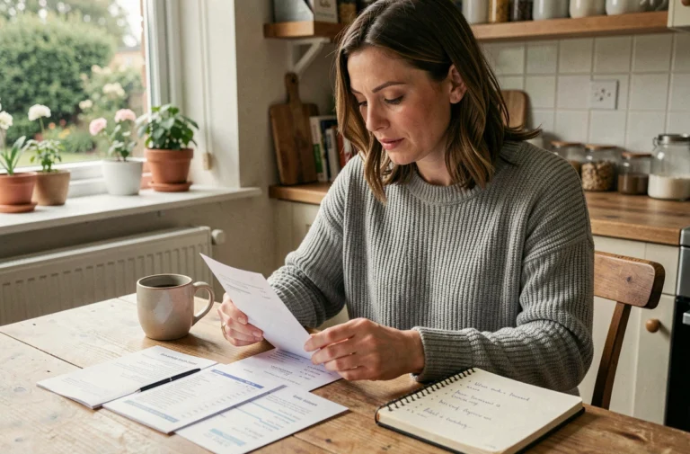 Femme gérant son budget familial avec des factures et un carnet de notes sur une table en bois dans une cuisine