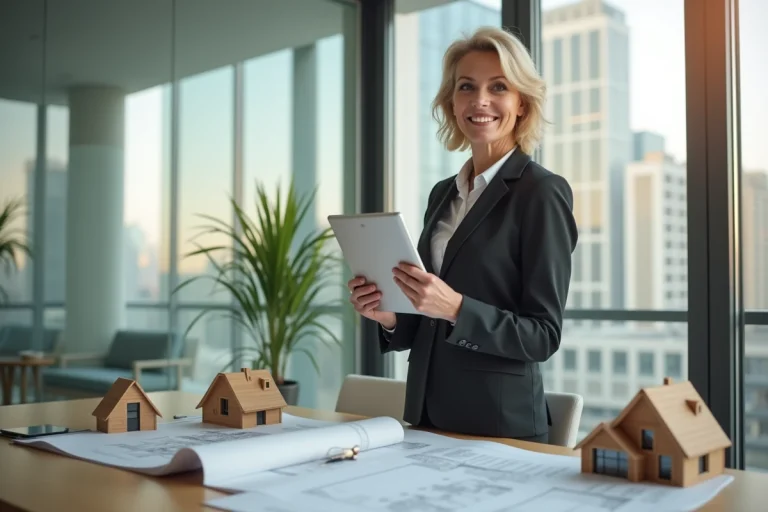 Femme d age moyen en immobilier avec tablette