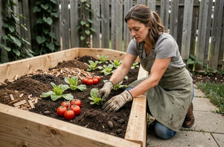 Femme jardinant dans un carré potager surélevé en bois de cèdre, plantant des semis de laitue et de tomates dans une terre riche en compost