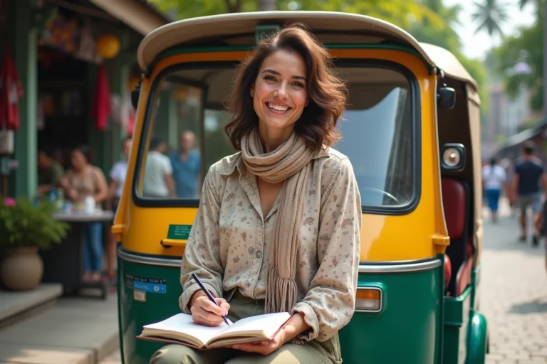 Femme souriante journalisant dans un tuk tuk coloré en Asie du Sud-Est