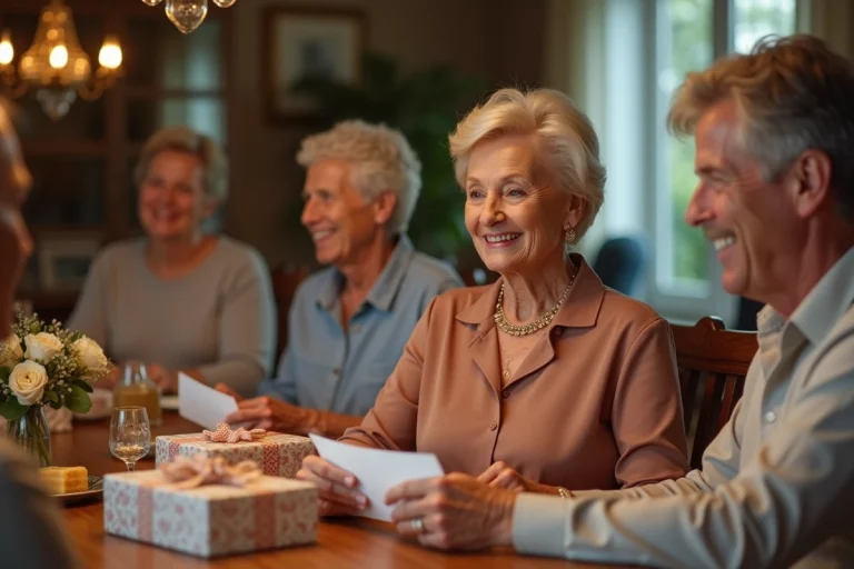 Femme souriante ouvrant une carte d anniversaire lors d une fête conviviale