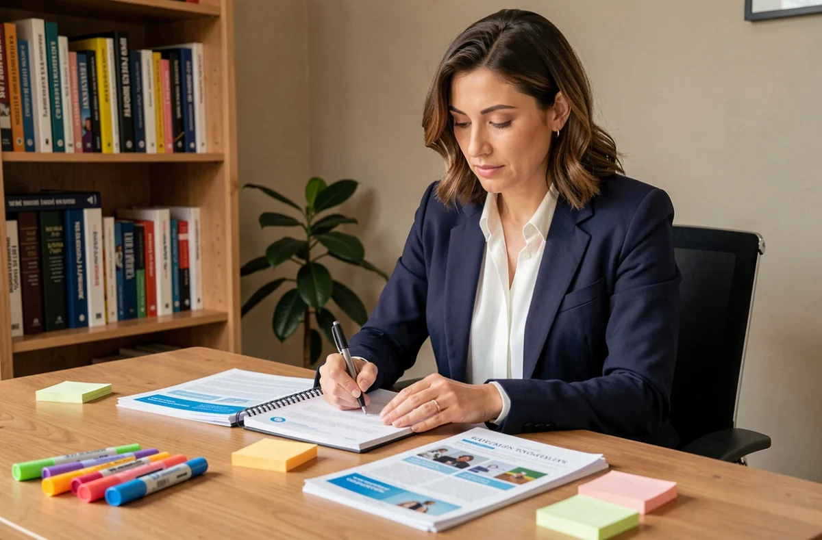 Femme professionnelle en blazer marine qui étudie des brochures de formation sur un bureau en bois dans un bureau à domicile organisé