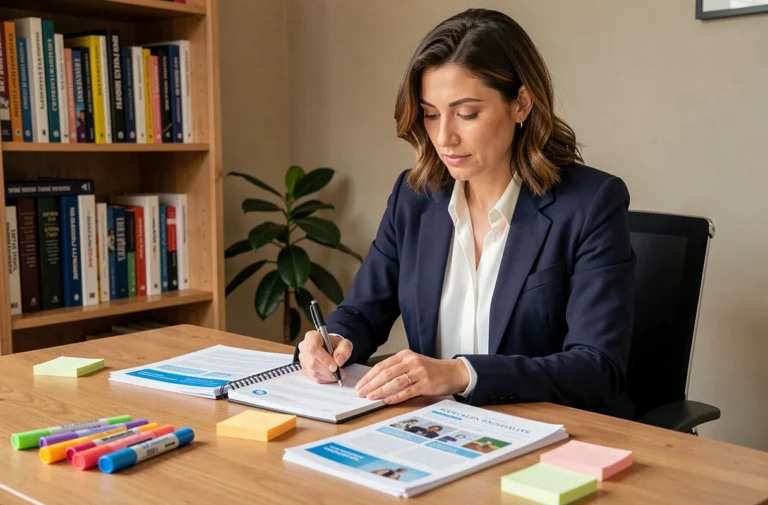 Femme professionnelle en blazer marine qui étudie des brochures de formation sur un bureau en bois dans un bureau à domicile organisé