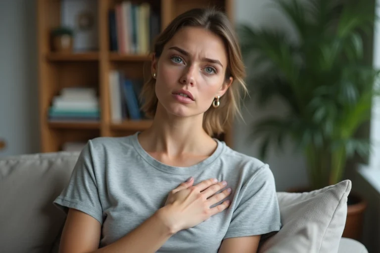 Jeune femme en tshirt gris se gratte la poitrine
