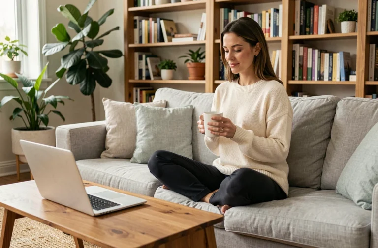 Femme en bonne santé mentale consultant des ressources en ligne sur son ordinateur portable dans un salon cosy