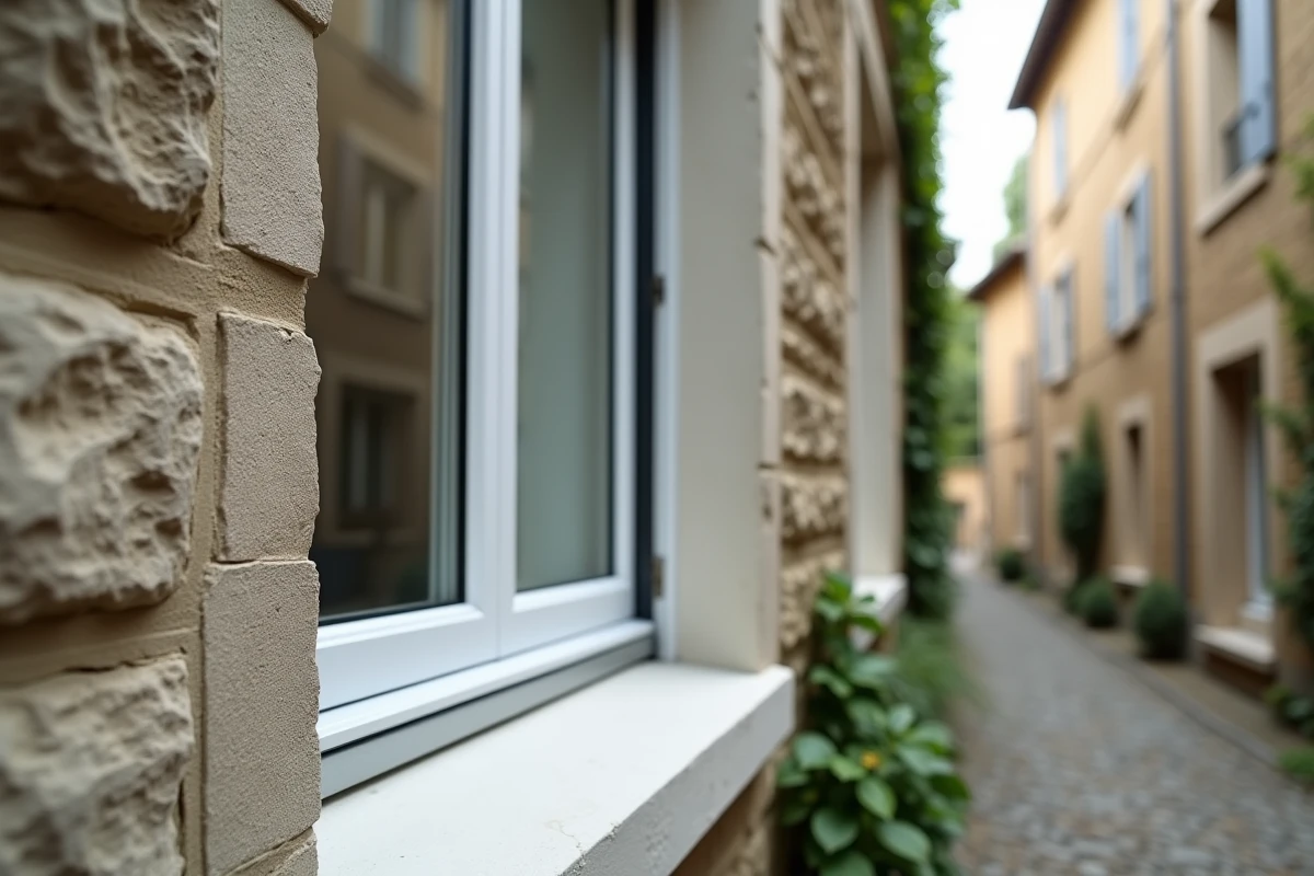 Fenêtre moderne en aluminium triple vitrage installée sur la façade en pierre d'un immeuble locatif ancien rénové pour optimiser les économies fiscales