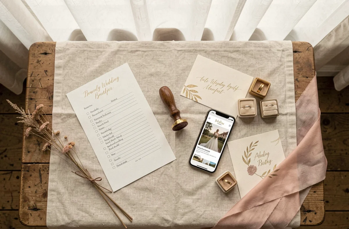 Flat lay élégant d'organisation de mariage avec cartons d'invitation, smartphone et accessoires dorés