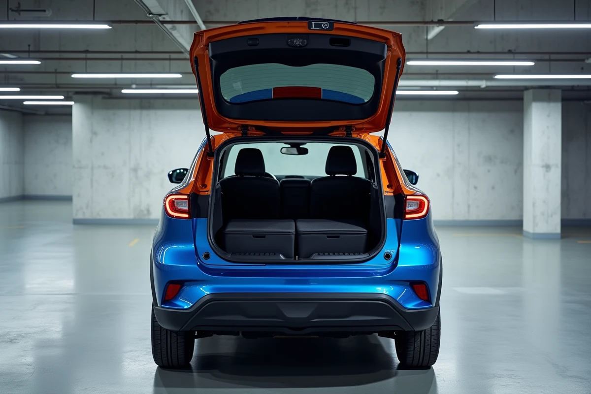 Ford Puma EcoBoost hybride avec le coffre ouvert révélant le MegaBox, illustrant son ingénieux espace de rangement