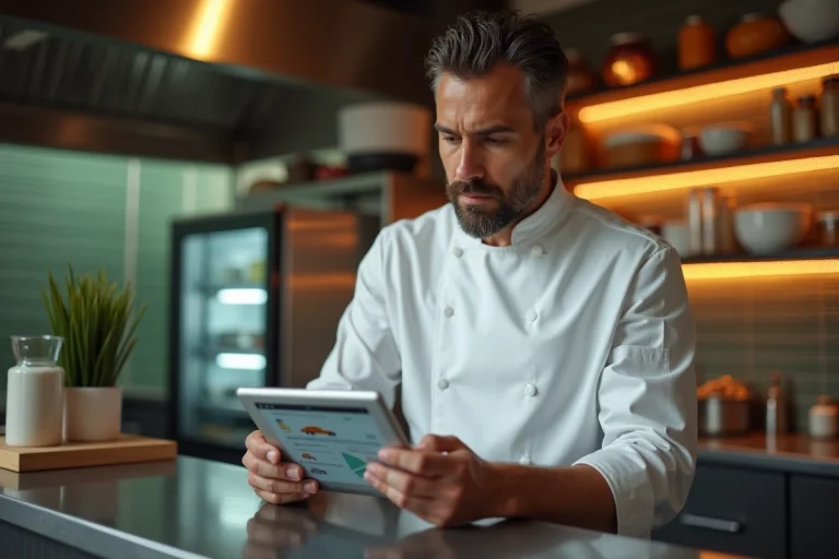 Gérant de restaurant consultant un tableau de bord de gestion de parc MyPizzaDoor Pro sur une tablette en cuisine professionnelle