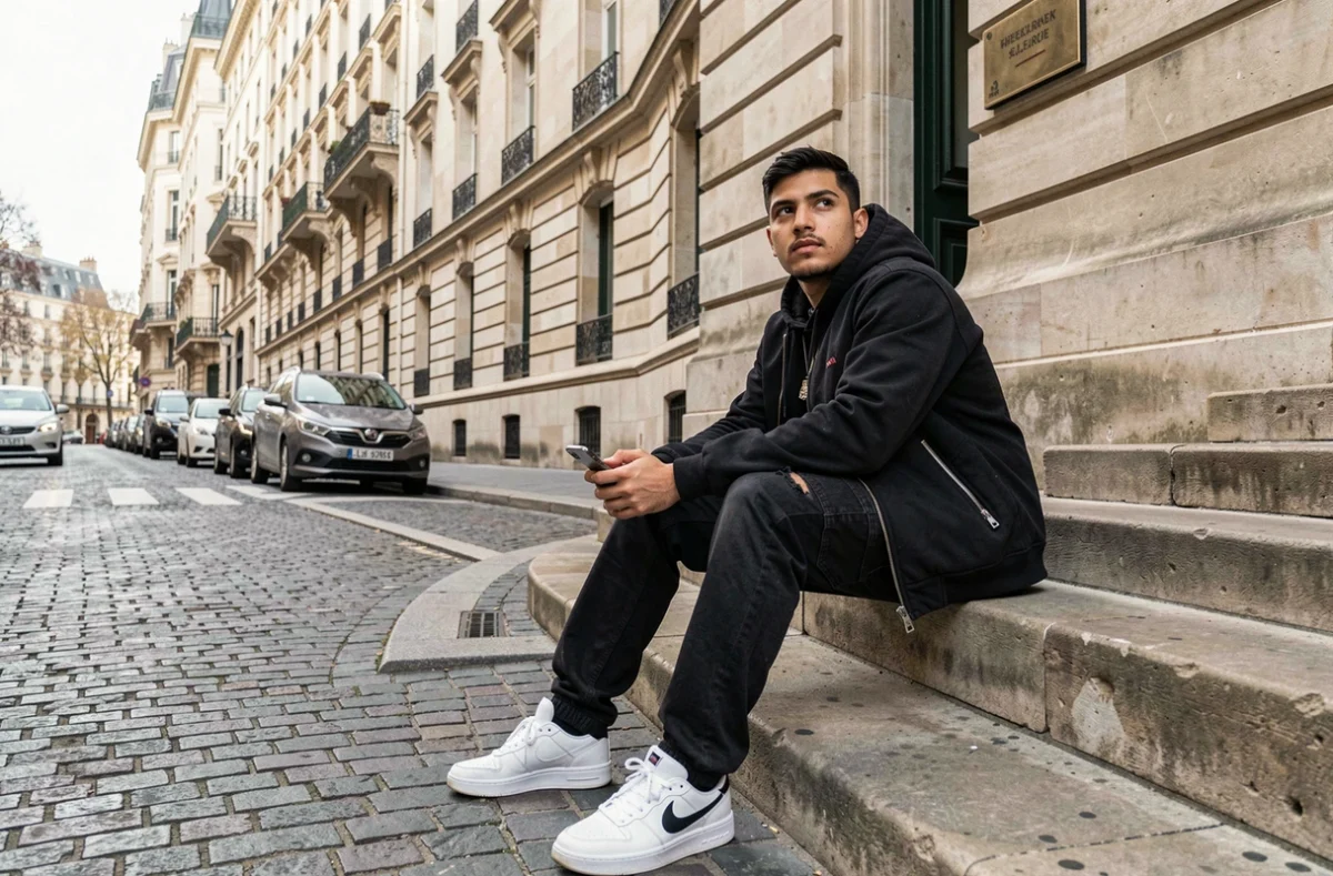 Artiste de rap français en tenue streetwear devant un immeuble parisien symbolisant la réussite financière et la fortune de GMK