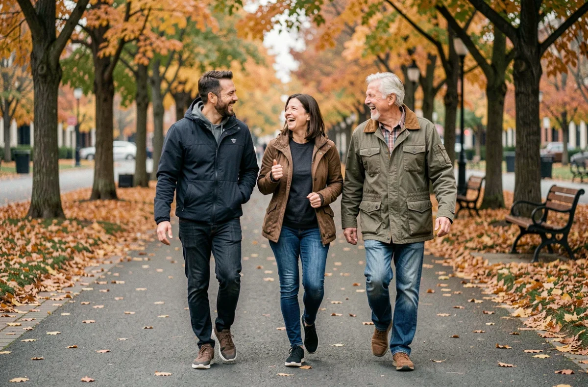 Groupe d'adultes marchant ensemble dans un parc en automne pour prendre soin de leur santé