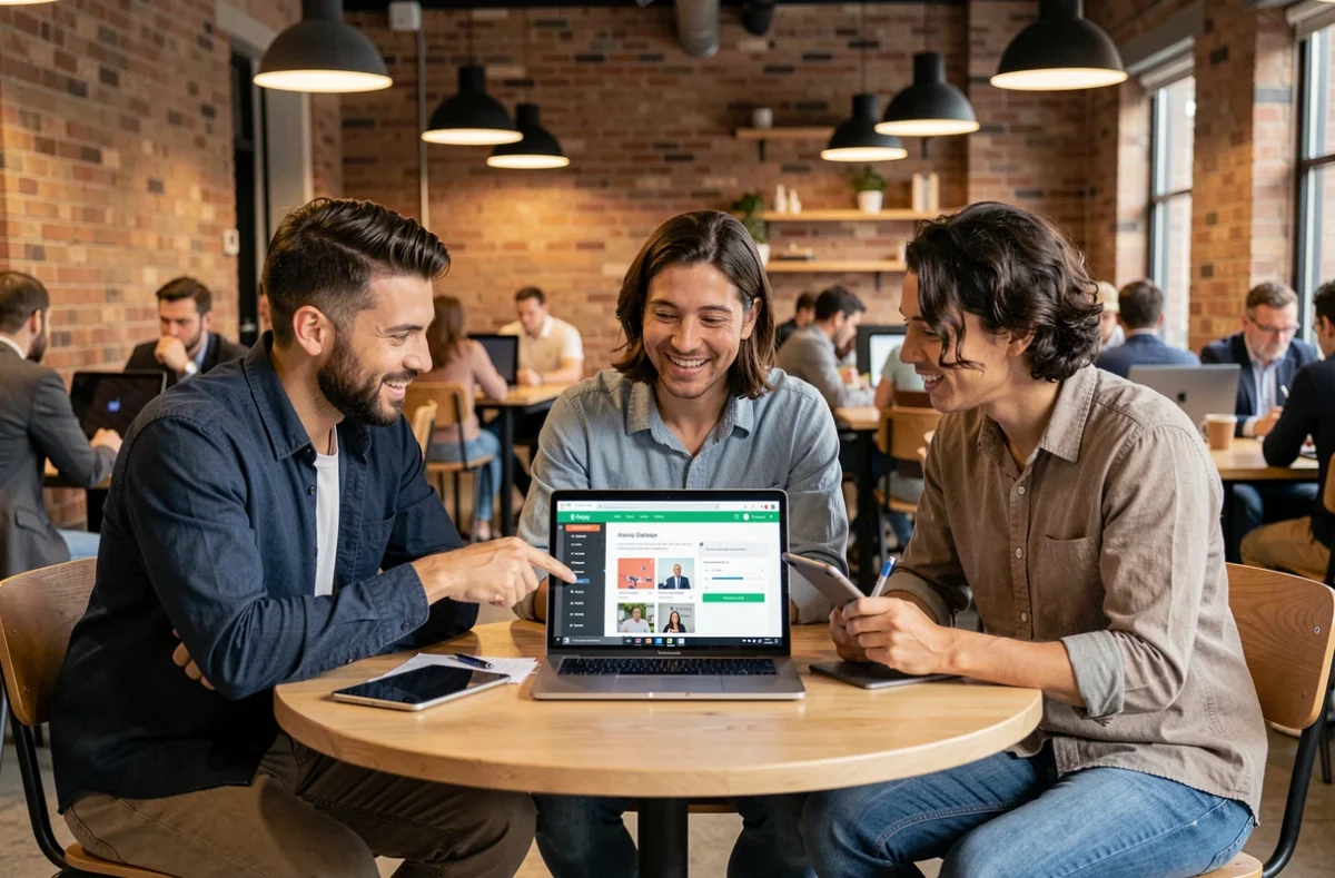 Groupe de professionnels en discussion autour d'une plateforme de formation en ligne dans un espace de coworking moderne