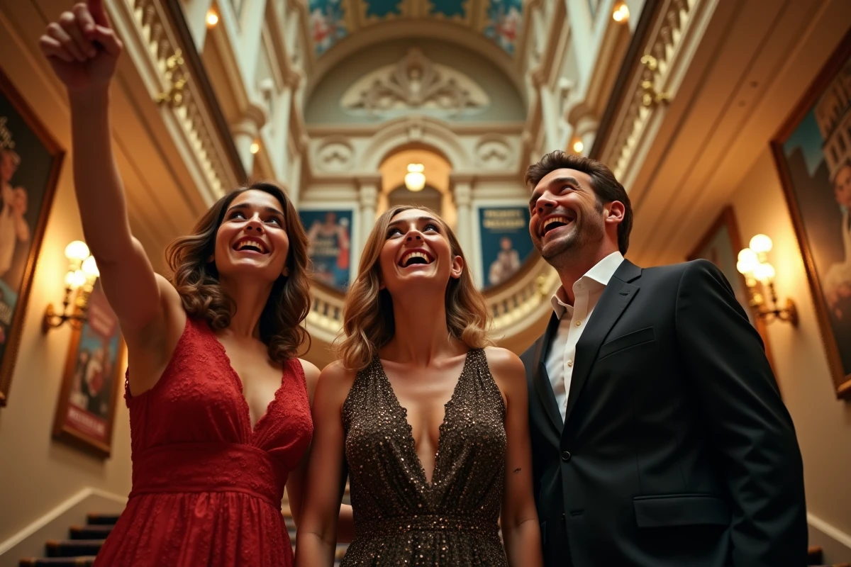 Groupe de spectateurs dans le hall du Théâtre Mogador choisissant leurs places pour Le Roi Lion