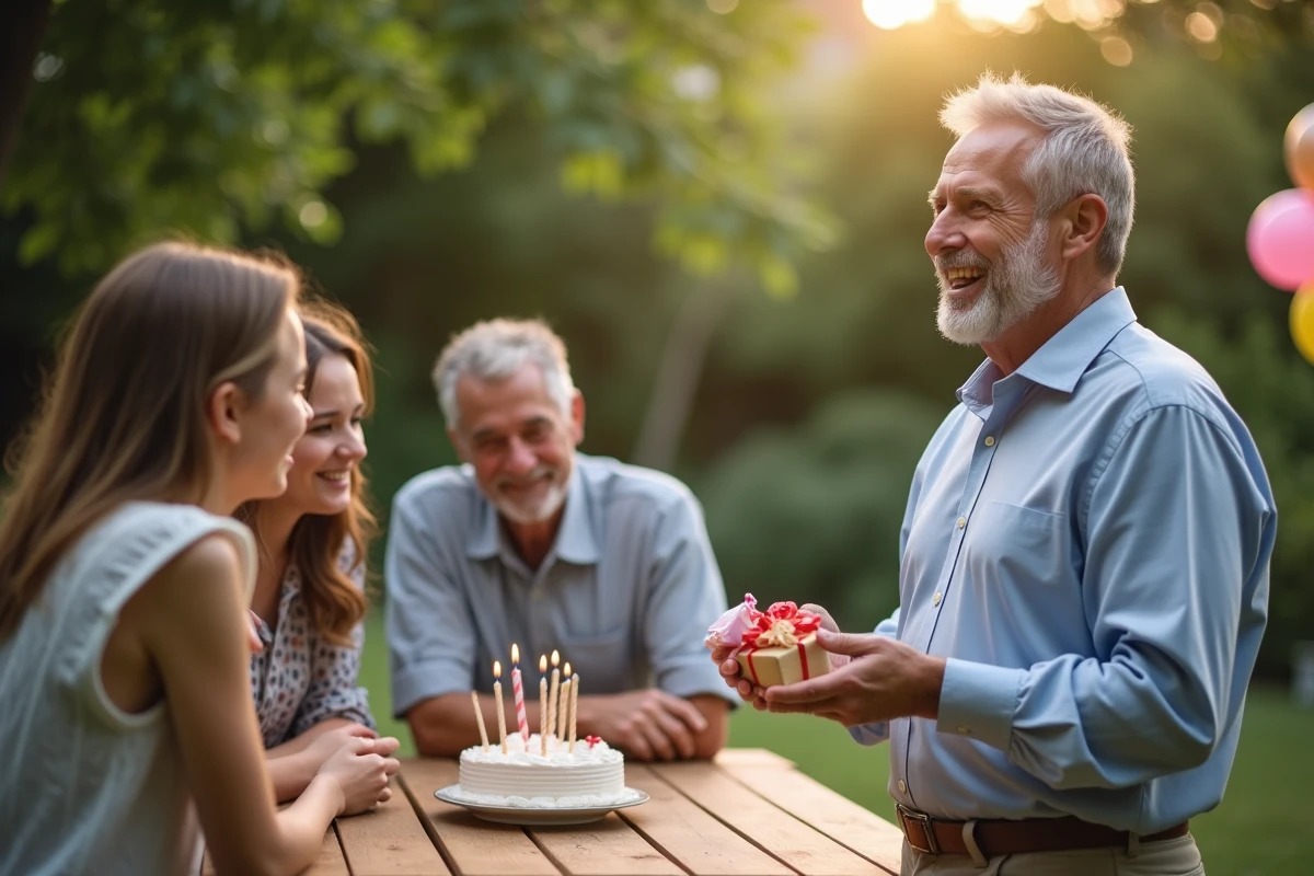 Homme de 50 ans riant avec ses proches lors d une fête en plein air