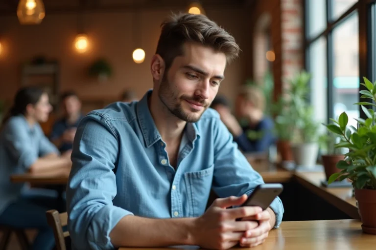 Homme utilisant une application de rencontre gay sur son smartphone dans un café urbain
