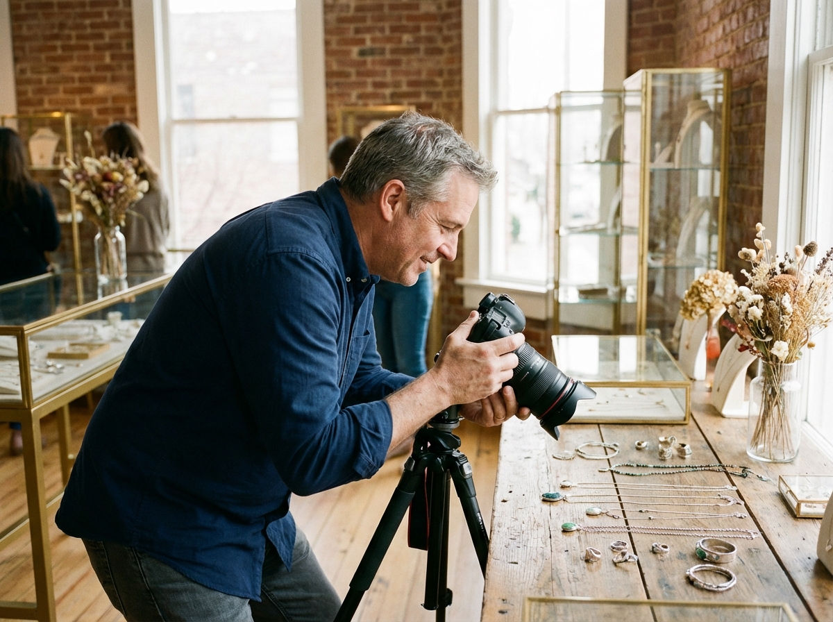 Homme photographiant des bijoux faits main dans une boutique