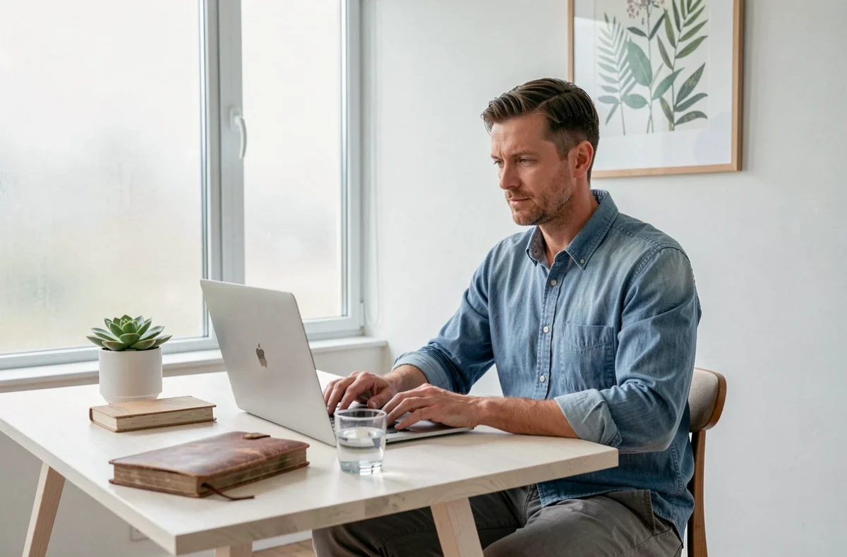 Homme concentré recherchant des ressources en ligne pour améliorer sa santé mentale dans un bureau à domicile minimaliste