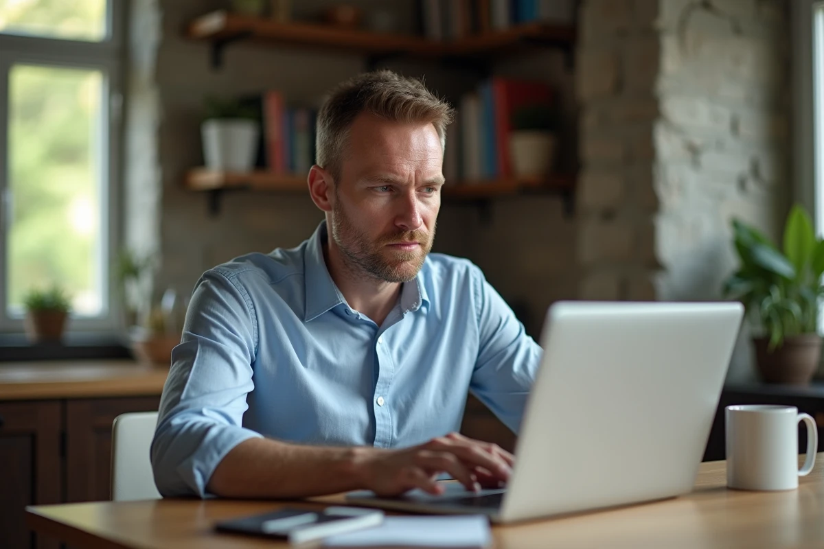 Homme d age moyen travaillant à la maison avec ordinateur