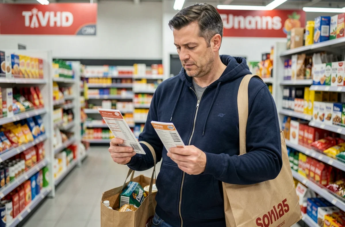 Homme comparant les prix de produits dans un rayon de supermarché pour économiser sur ses courses